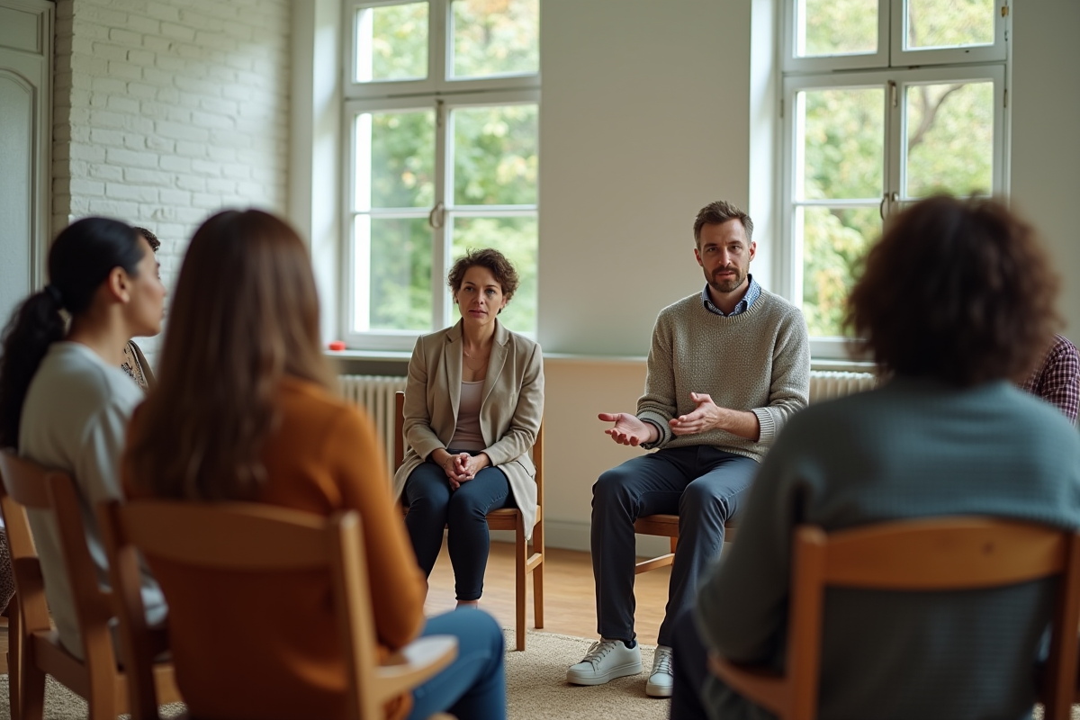 Groupe de thérapie avec psychologue en séance dynamique