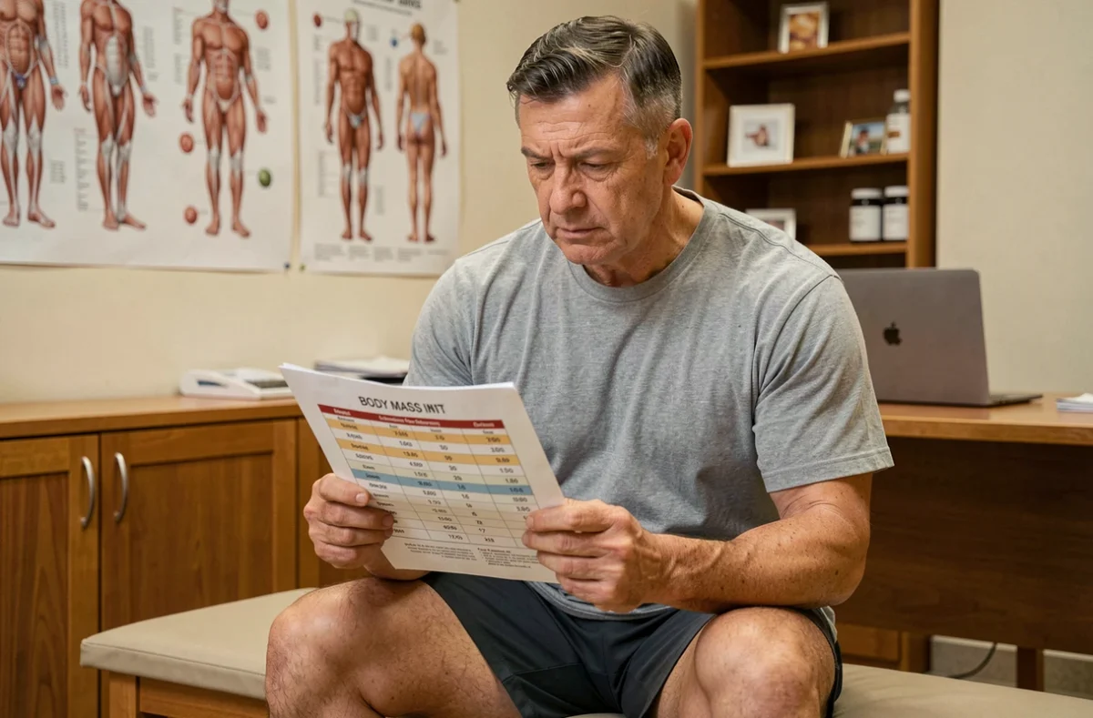 Homme musclé de 1m60 consultant un tableau IMC chez un nutritionniste pour évaluer son poids idéal
