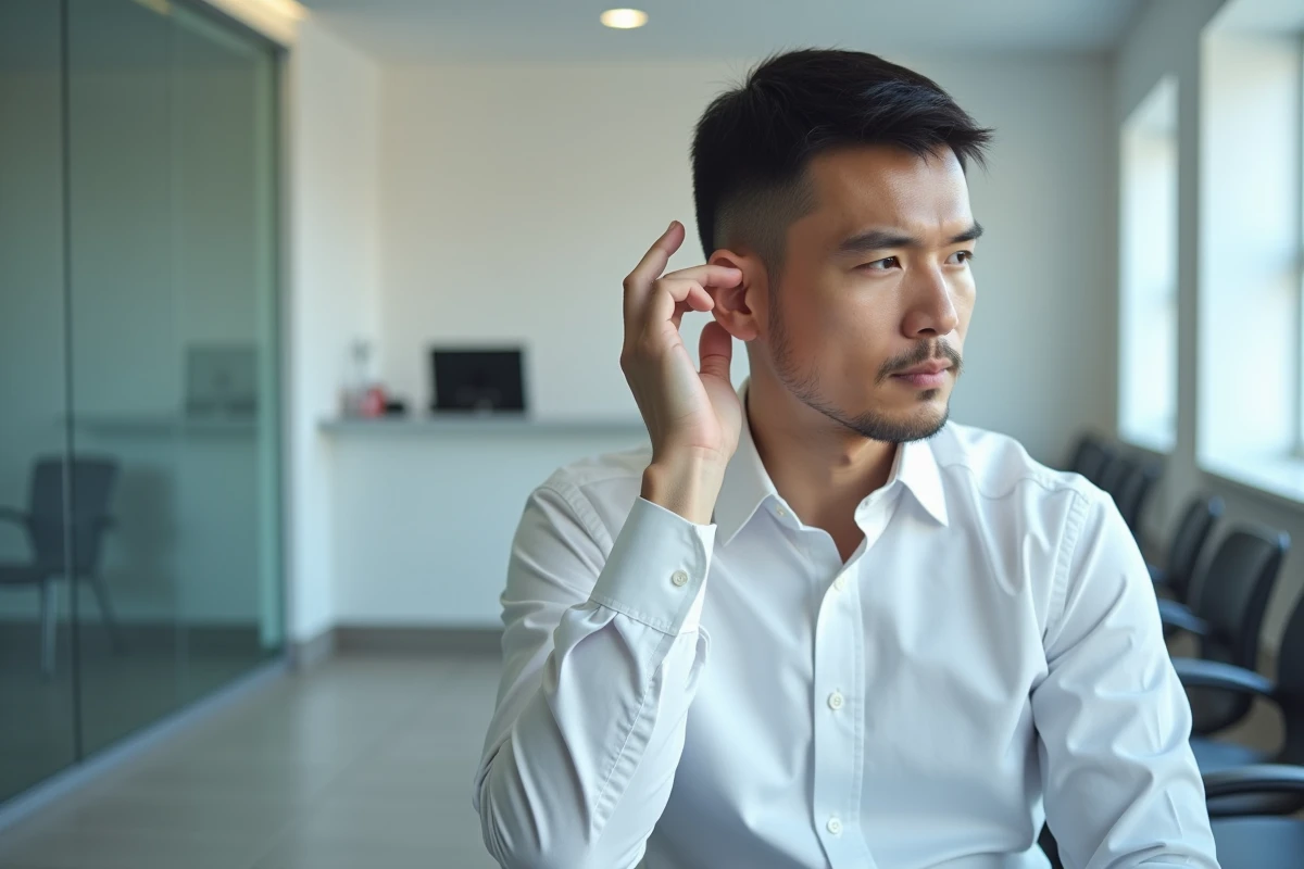 Homme dans une salle d'attente médicale touchant son oreille gauche, évoquant un acouphène ou sifflement