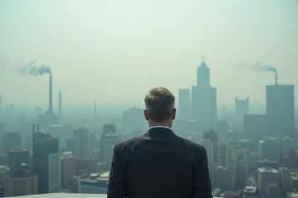 Homme d'affaires pensif sur un rooftop surplombant la ville polluée