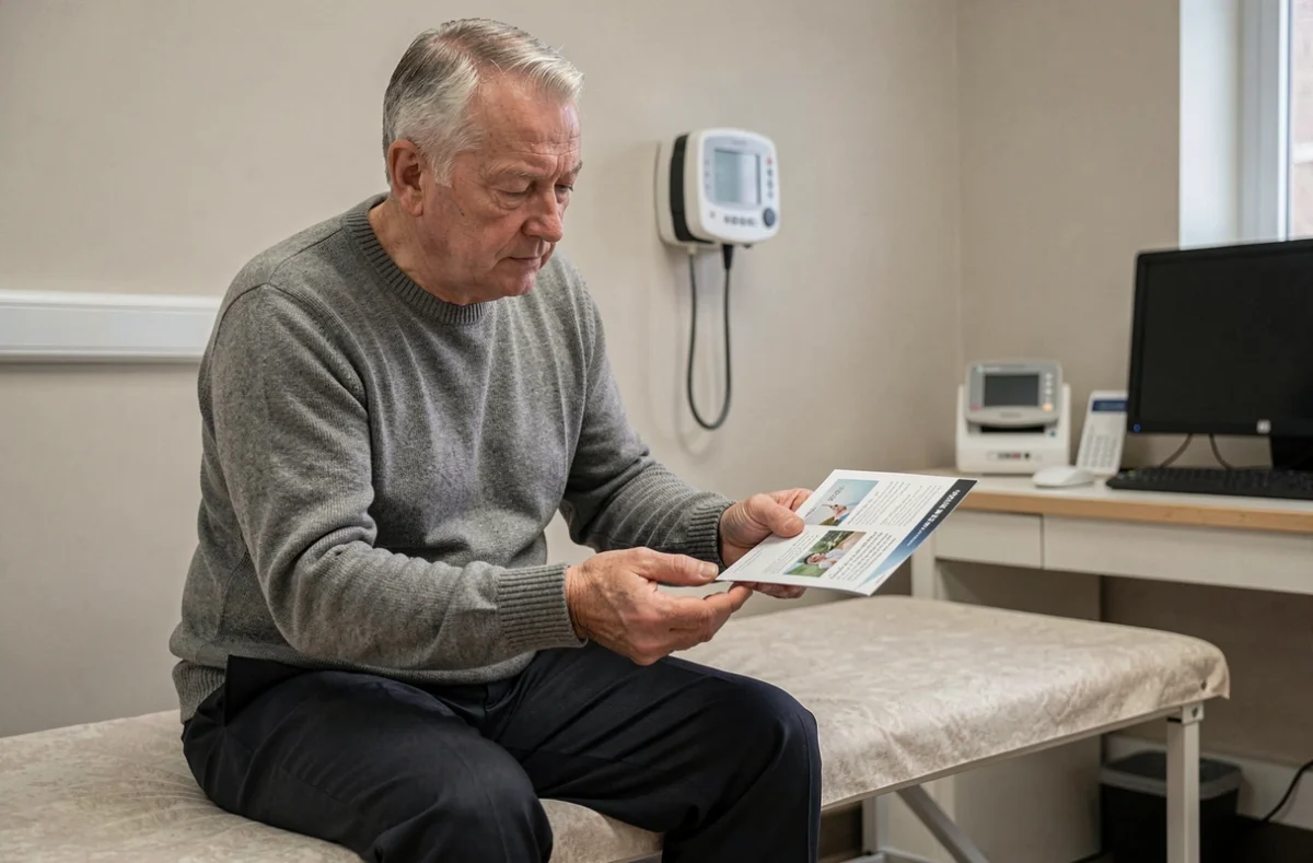 Homme âgé assis dans le cabinet d'un médecin généraliste tenant une brochure médicale, symbolisant la démarche diagnostique face aux démangeaisons chroniques associées au cancer