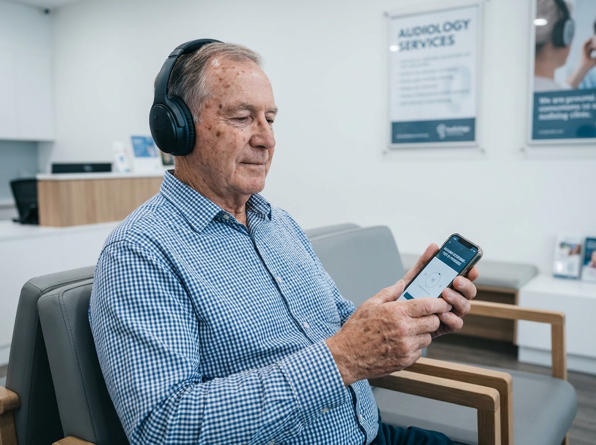 Homme âgé réalisant un dépistage auditif sur smartphone avec un casque dans une salle d'attente médicale