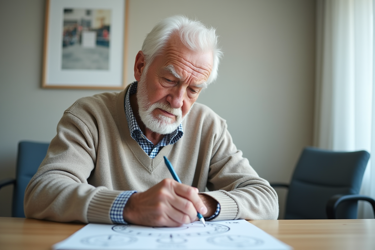 Homme âgé dessinant les aiguilles d