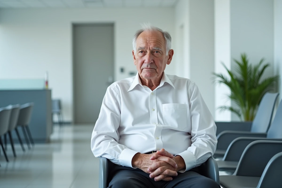 Homme âgé assis seul dans une salle d'attente d'une clinique médicale française, expression fatiguée et pensive, illustrant l'inquiétude liée à la maladie d'une personnalité publique comme Alain Madelin