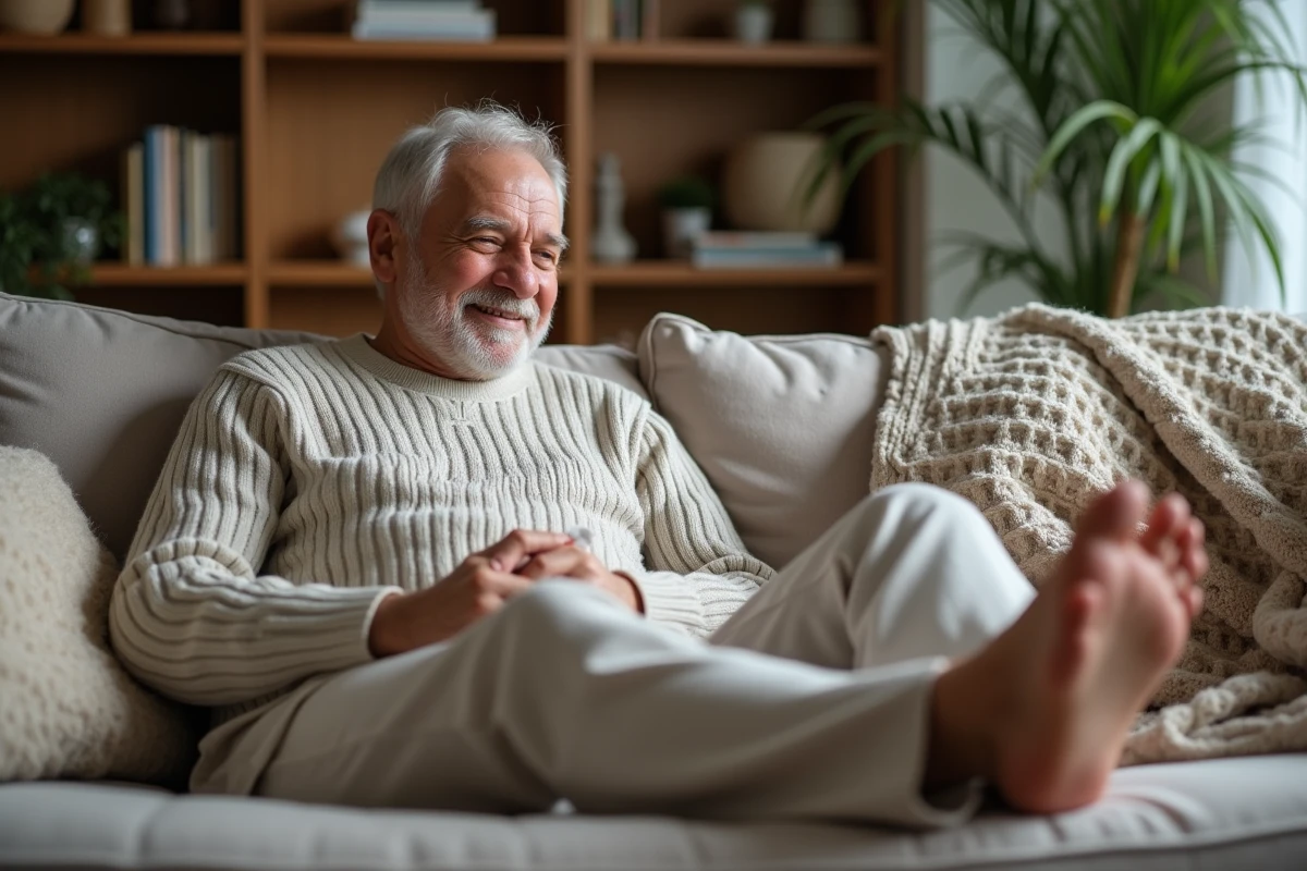 Homme &acirc;g&eacute; appliquant un cataplasme sur ses pieds dans le salon