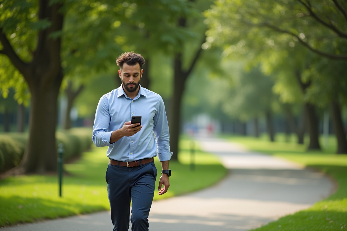Jeune homme dans un parc utilisant une application santé sur smartphone