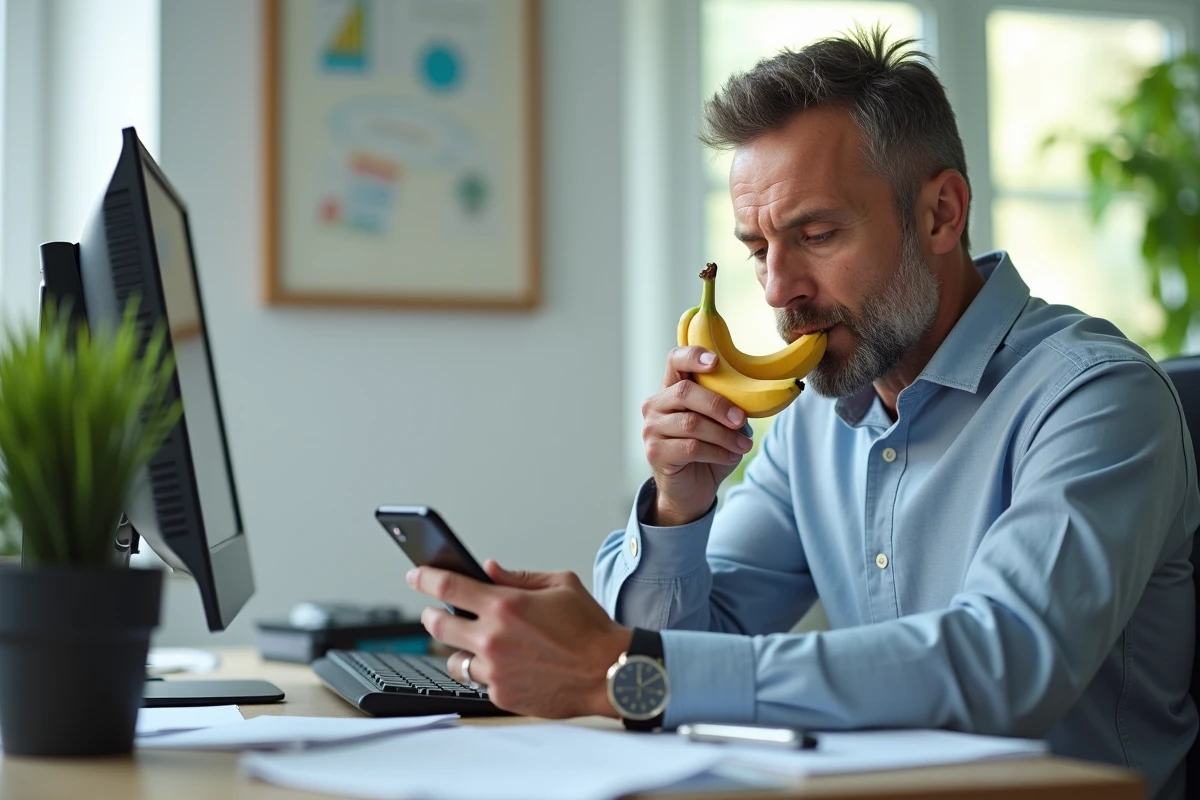 Homme d affaires consultant une application santé avec une banane