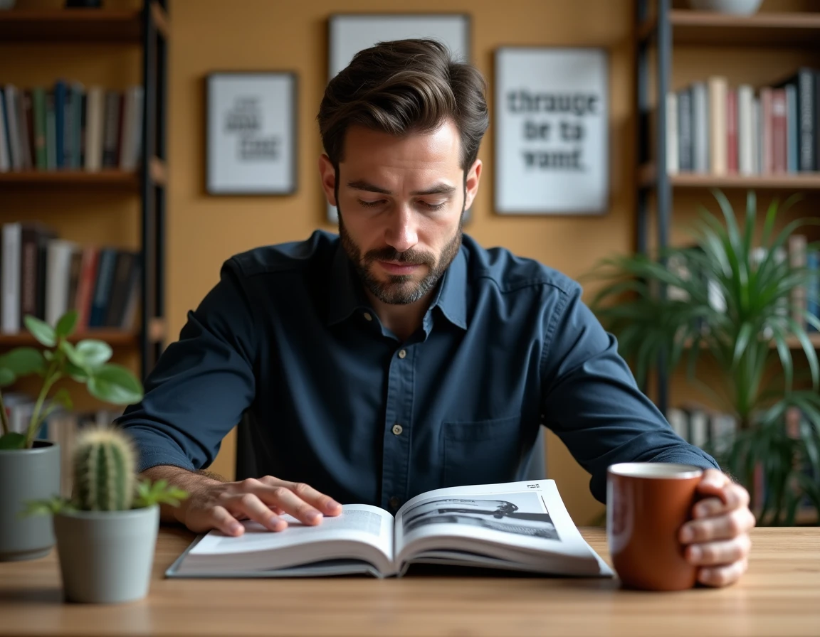 Homme consultant plusieurs num&eacute;ros du magazine Psychologie Positive sur un bureau en bois dans un bureau &agrave; domicile