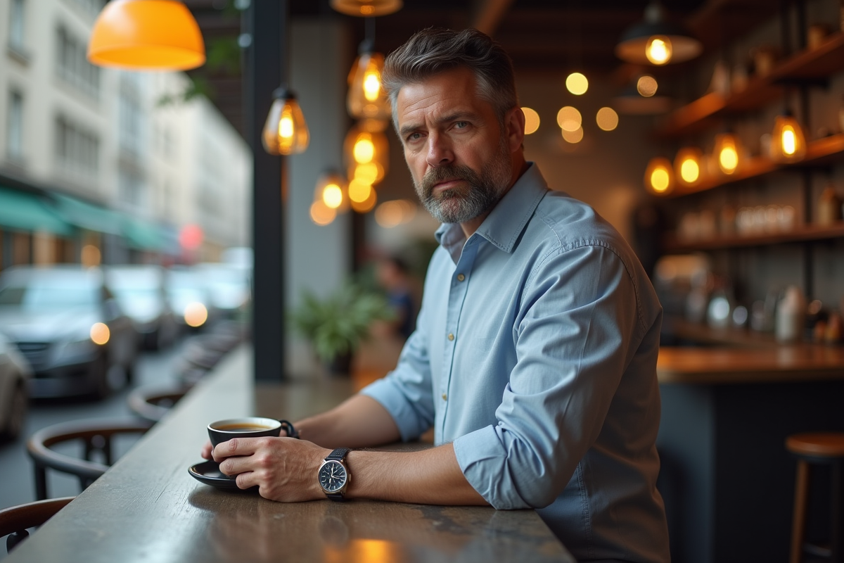 Homme daffaires sirotant un café dans un café en ville