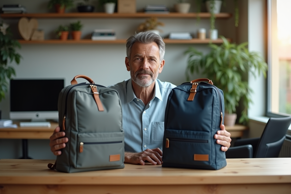 Homme comparant deux styles de sacs à la maison