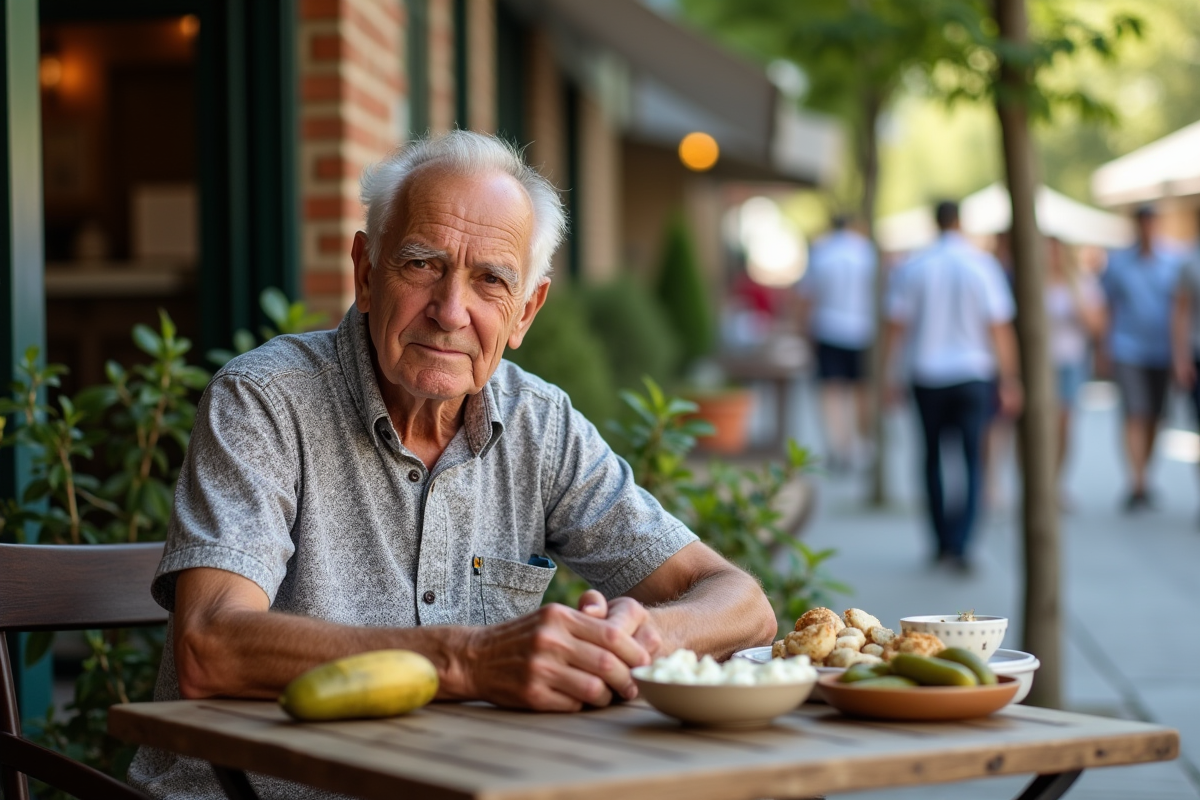 Homme âgé dégustant des aliments fermentés en extérieur