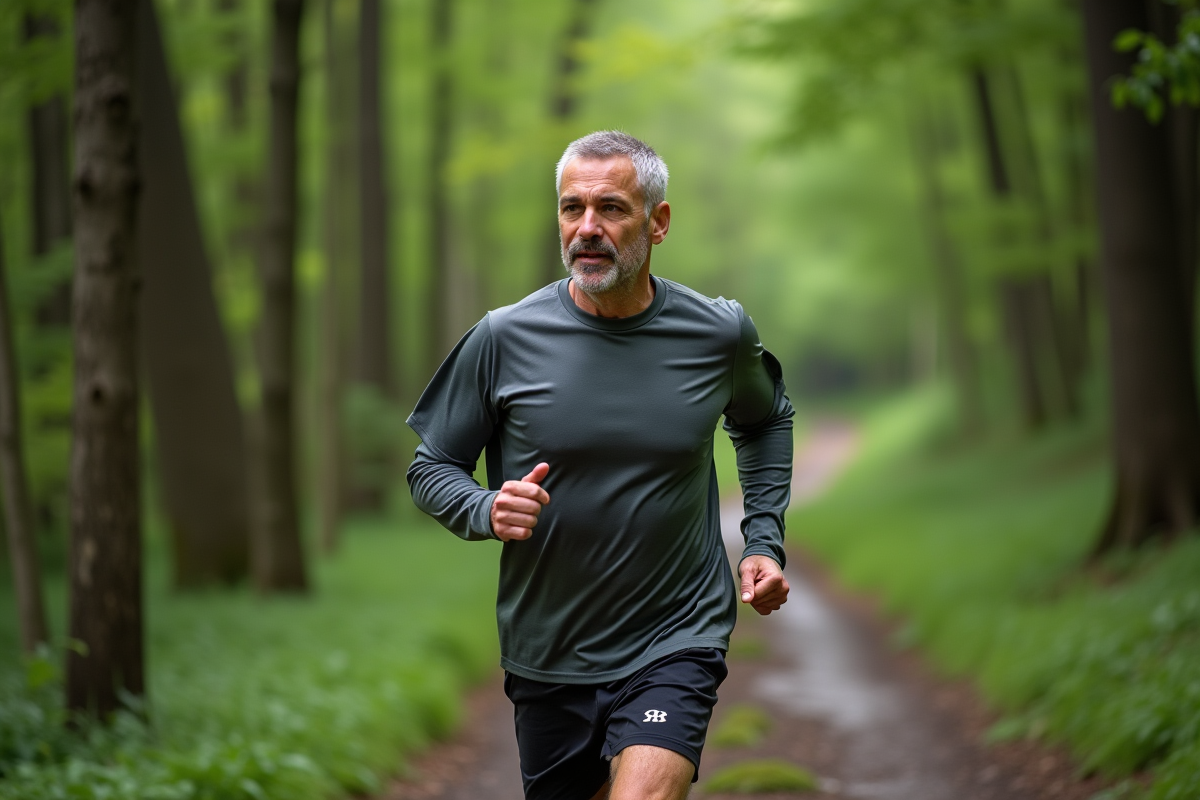Homme courant en forêt au petit matin