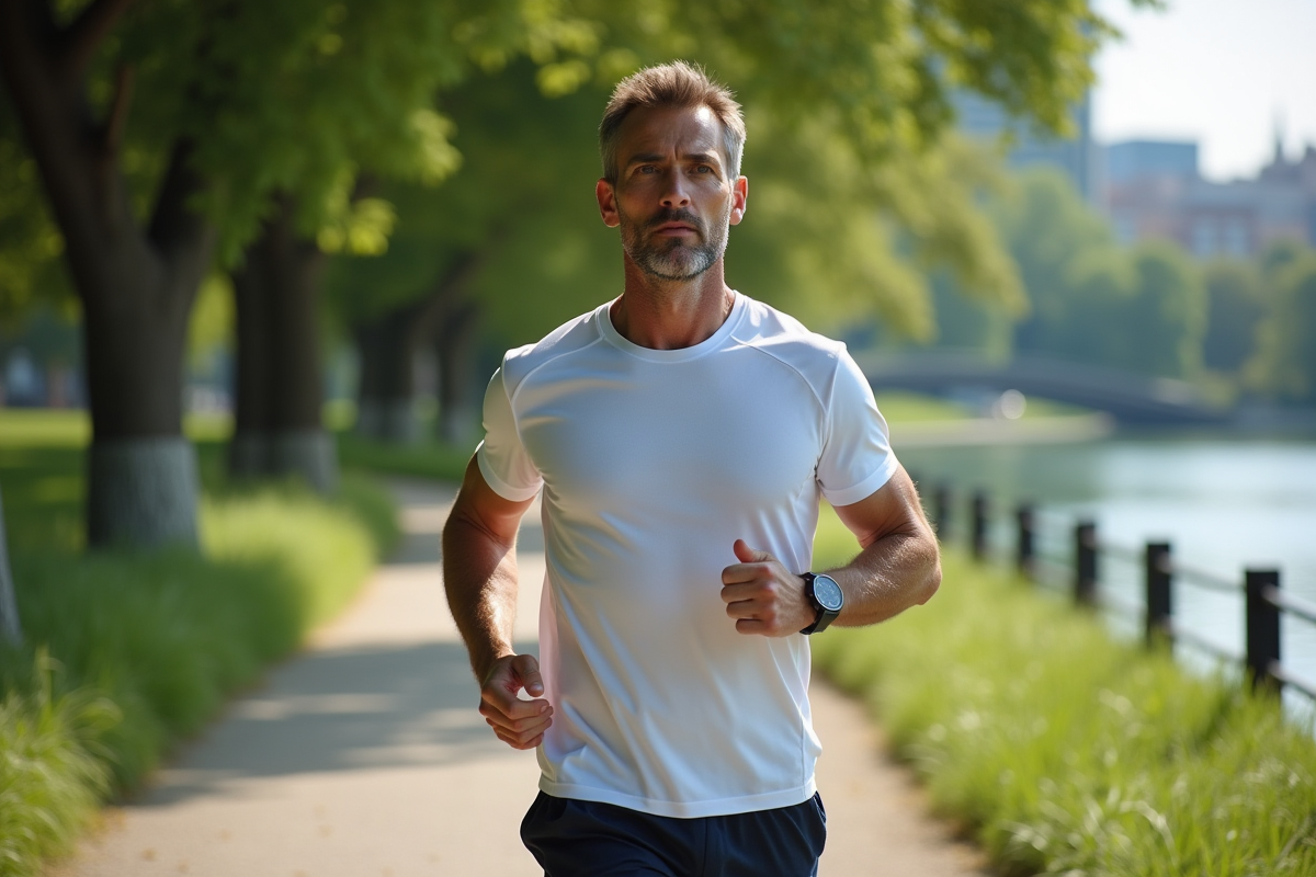 Homme en course à pied dans un parc urbain au bord de la rivière