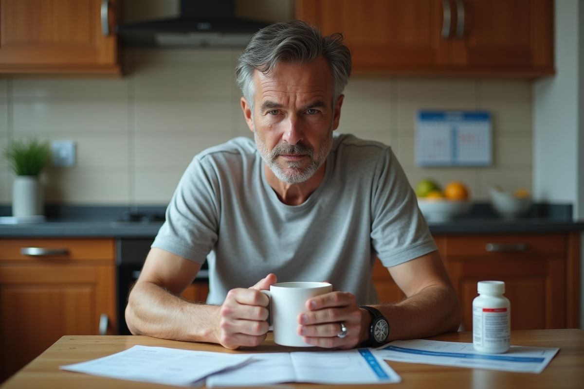 Homme stressé avec facture et medicaments a la maison