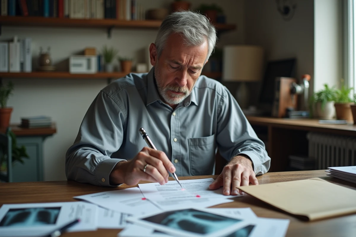 Homme d'âge moyen consultant des documents médicaux et administratifs liés à une discopathie ou une pension d'invalidité à son bureau