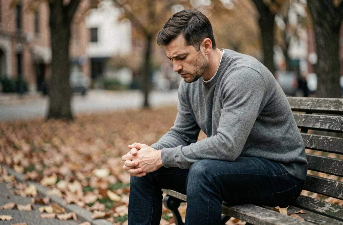 Homme assis seul sur un banc de parc en automne, l'air épuisé émotionnellement, illustrant la souffrance après une relation avec une femme perverse narcissique