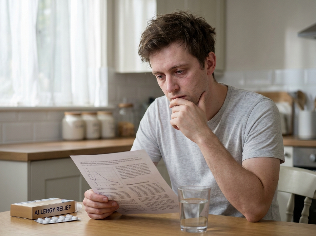 Jeune homme fiévreux lisant une fiche d'information médicale à la cuisine avec un verre d'eau et des médicaments sur la table