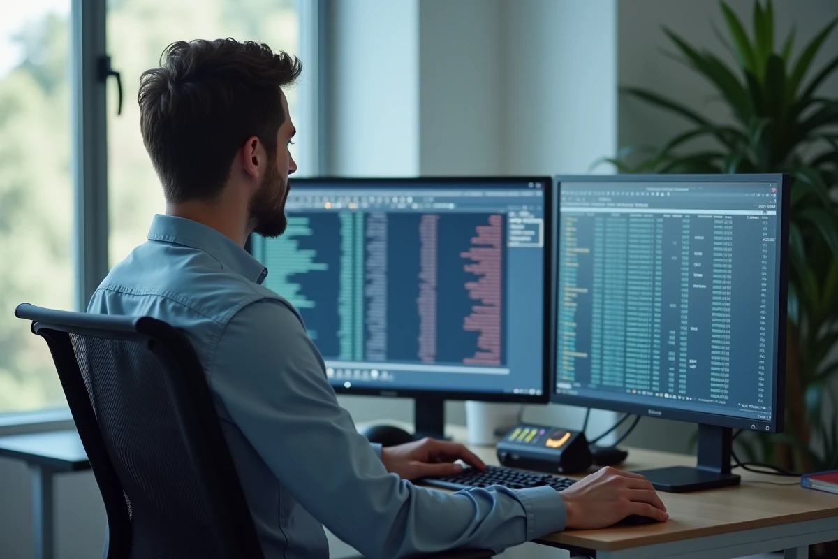 Homme professionnel surveillant une migration de donn&eacute;es sur deux &eacute;crans