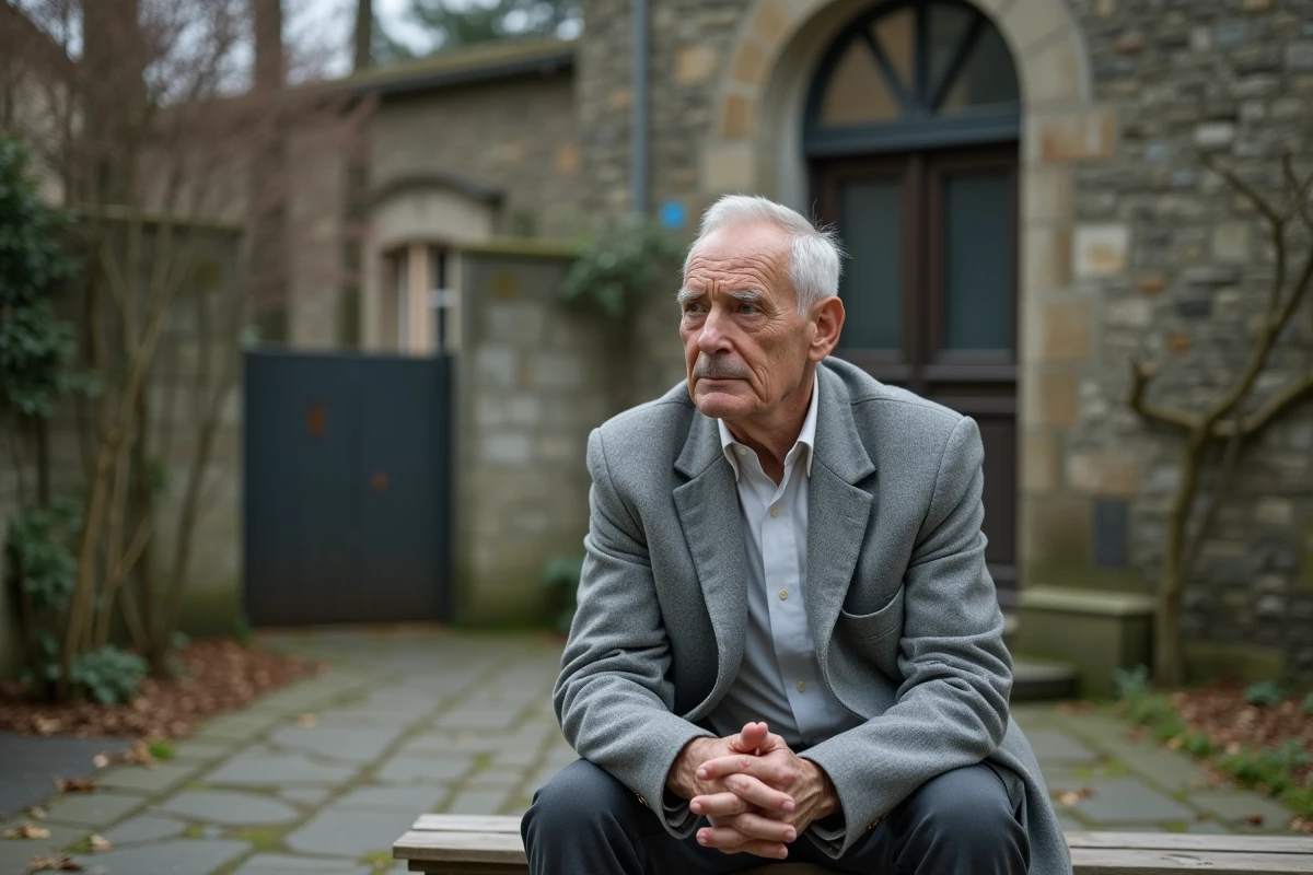 Homme âgé en manteau gris assis pensivement dans le jardin calme d'un hôpital français, évoquant la maladie, la résilience et le recueillement