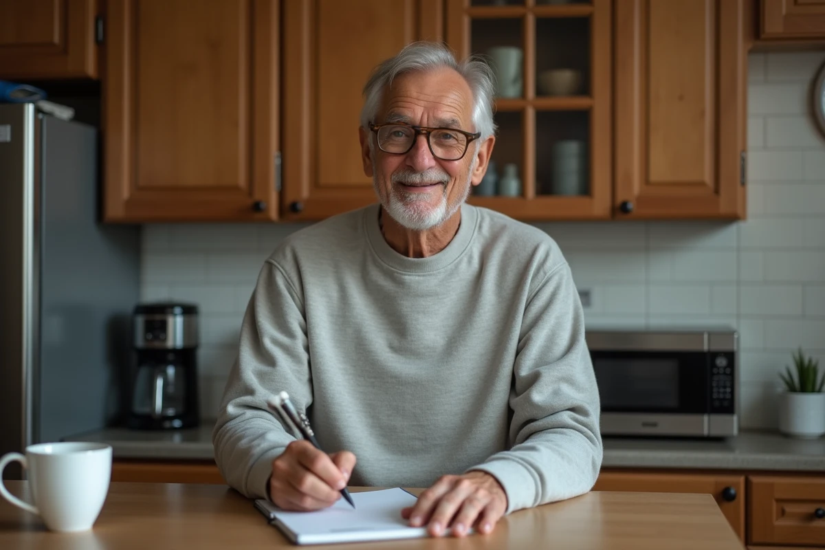 Homme âgé remplissant un journal de sommeil dans la cuisine