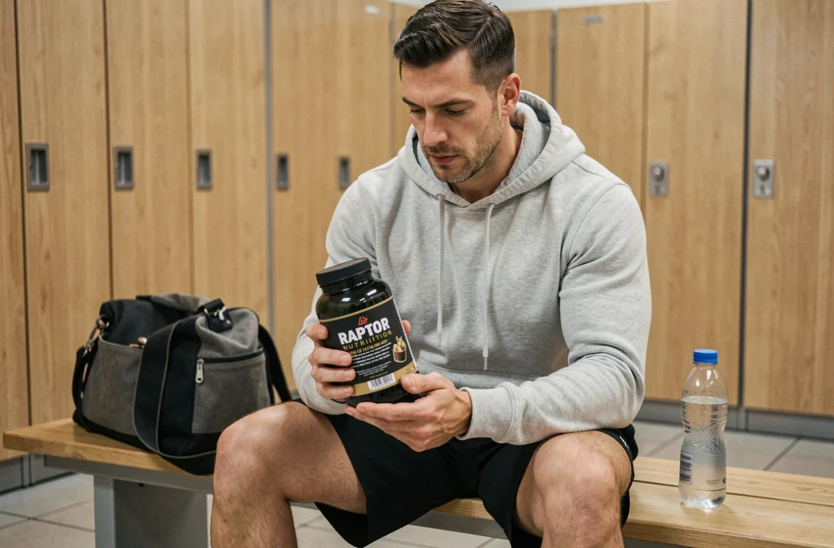 Homme lisant les informations nutritionnelles d'un produit Raptor Nutrition dans un vestiaire de salle de sport