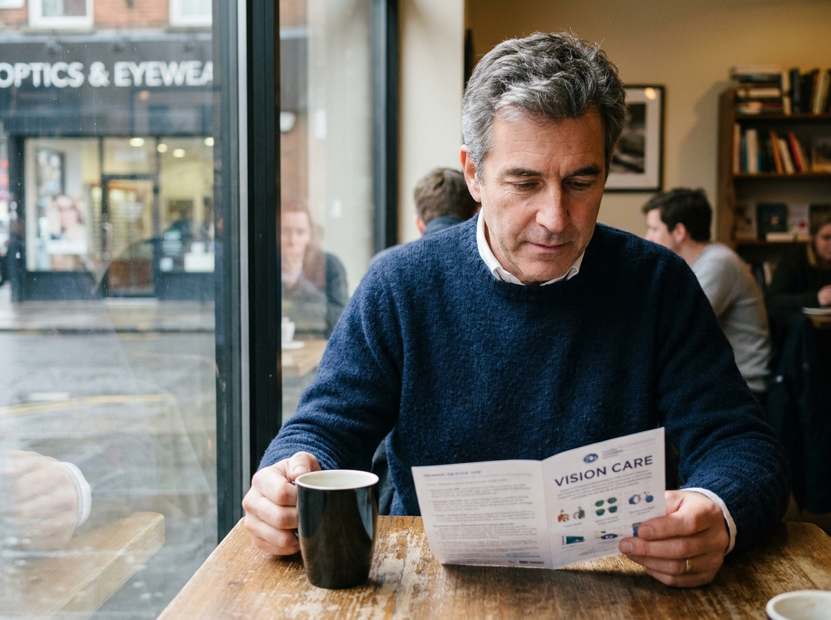Homme lisant une brochure de vision dans un café