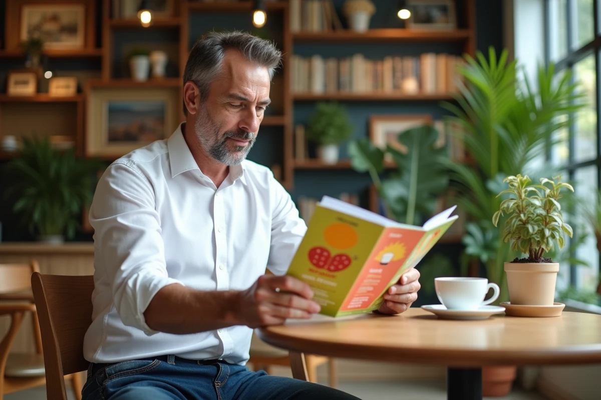 Homme lisant brochure santé digestive au café