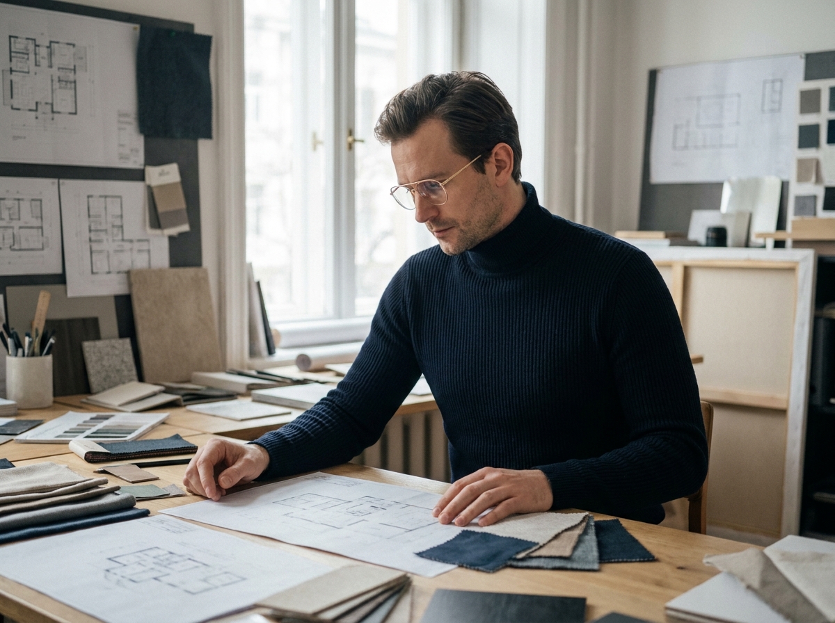 Homme portant des lunettes design minimalistes dorées dans un studio créatif avec des croquis architecturaux