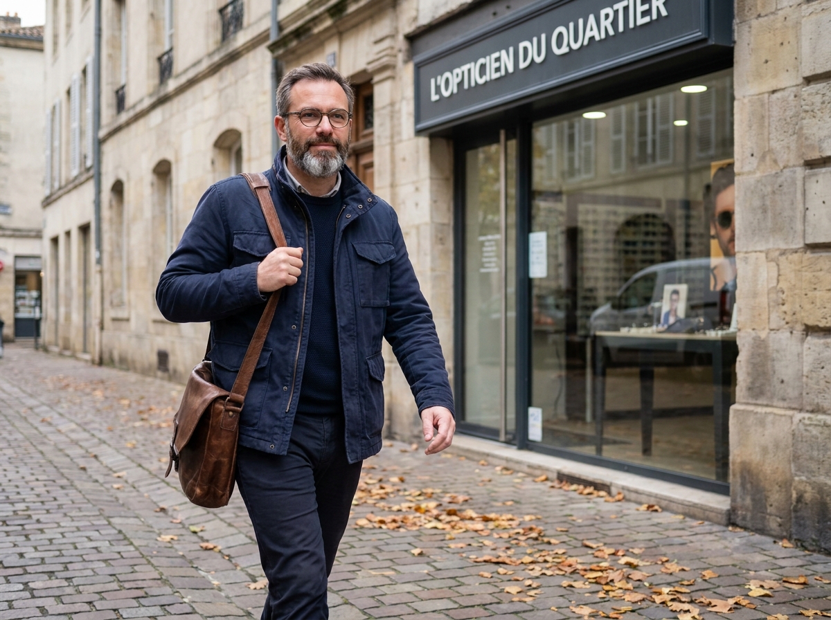 Homme portant des lunettes au quotidien avec assurance dans une rue urbaine française devant un opticien