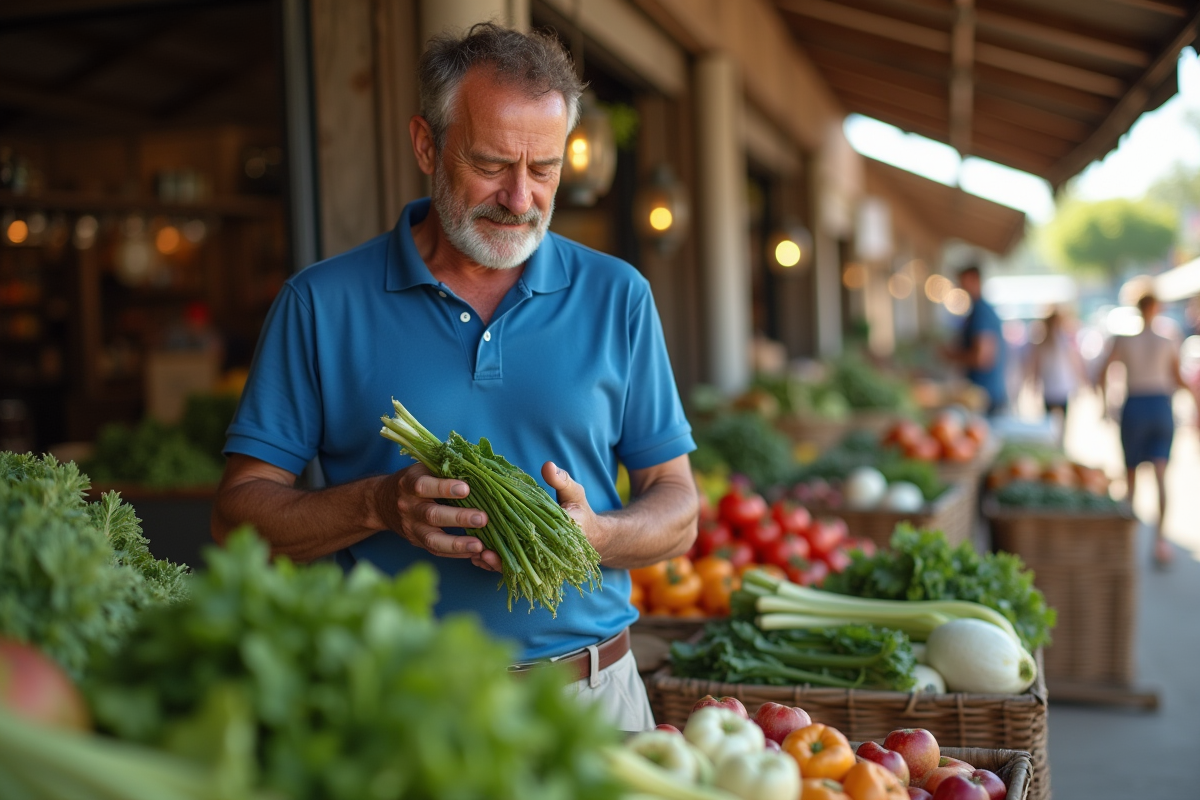 Homme achetant des légumes frais au marché en plein air