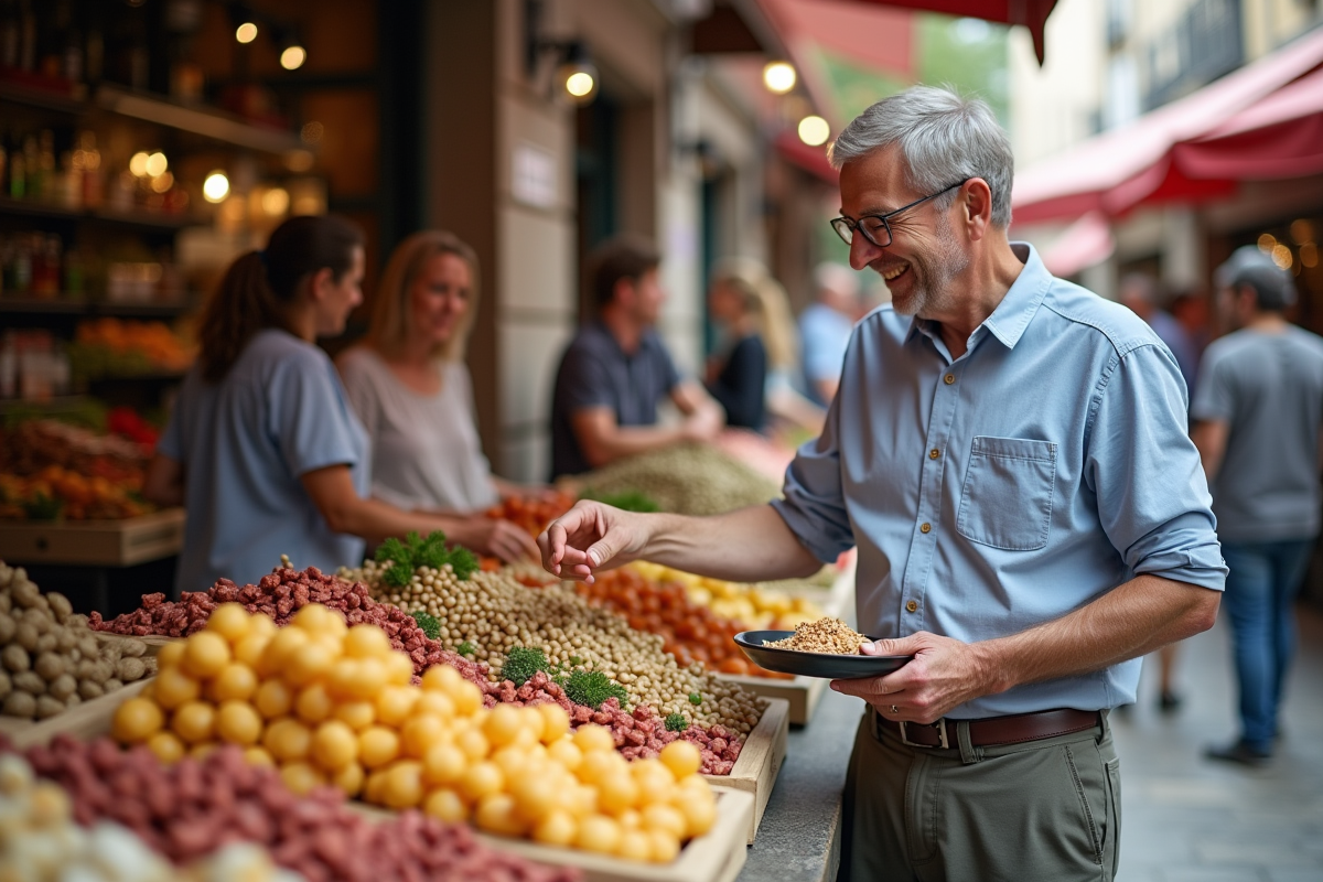 Homme au marché choisit produits riches en proteines