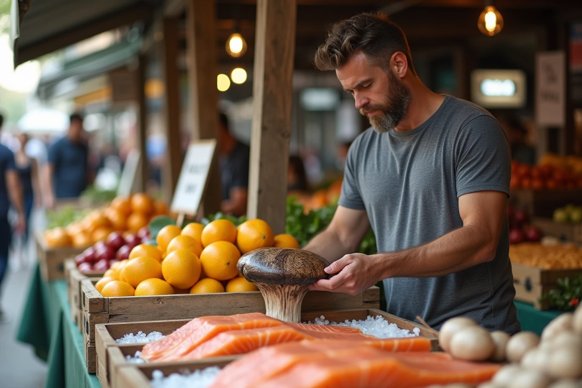 Homme choisissant des aliments riches en vitamine D au marché fermier en plein air