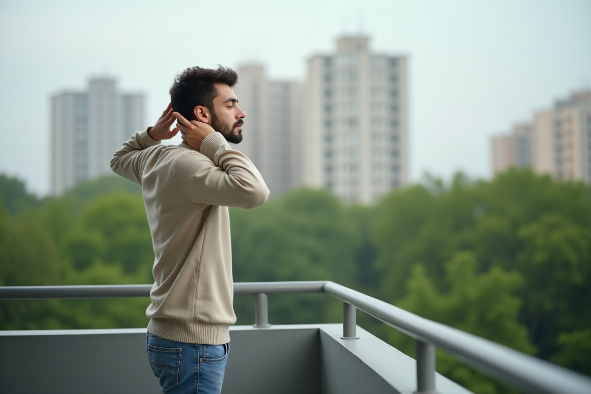 Jeune homme méditant sur un balcon avec vue sur un parc