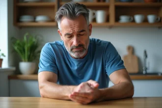 Homme d'&acirc;ge moyen examinant sa paume dans une cuisine moderne