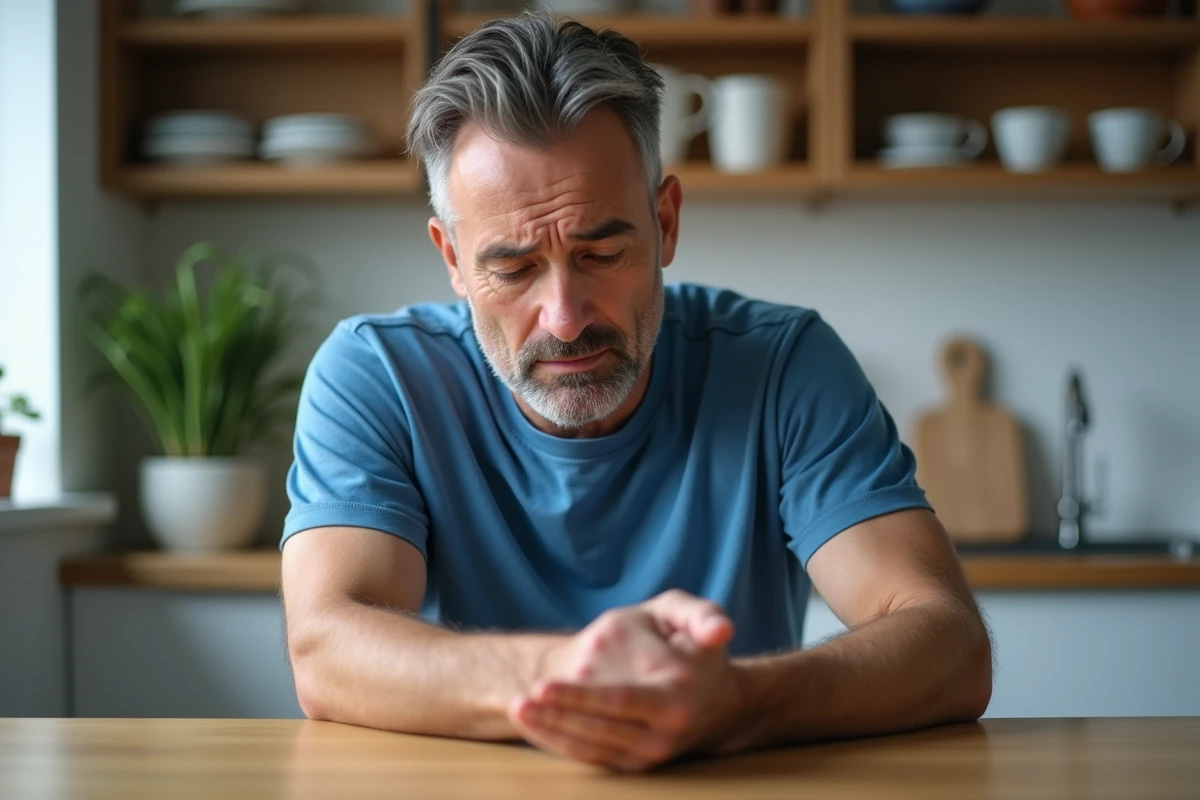 Homme d'âge moyen examinant sa paume dans une cuisine moderne