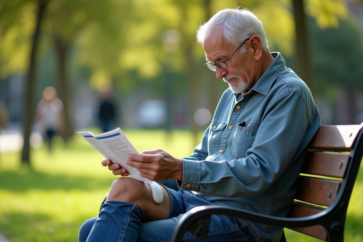 Homme âgé appliquant un gel sur son genou dans un parc