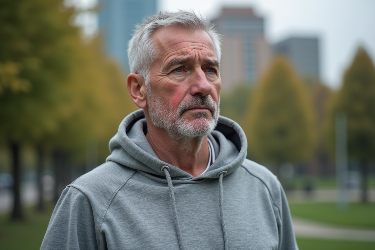 Homme dans un parc urbain avec rougeurs faciales visibles