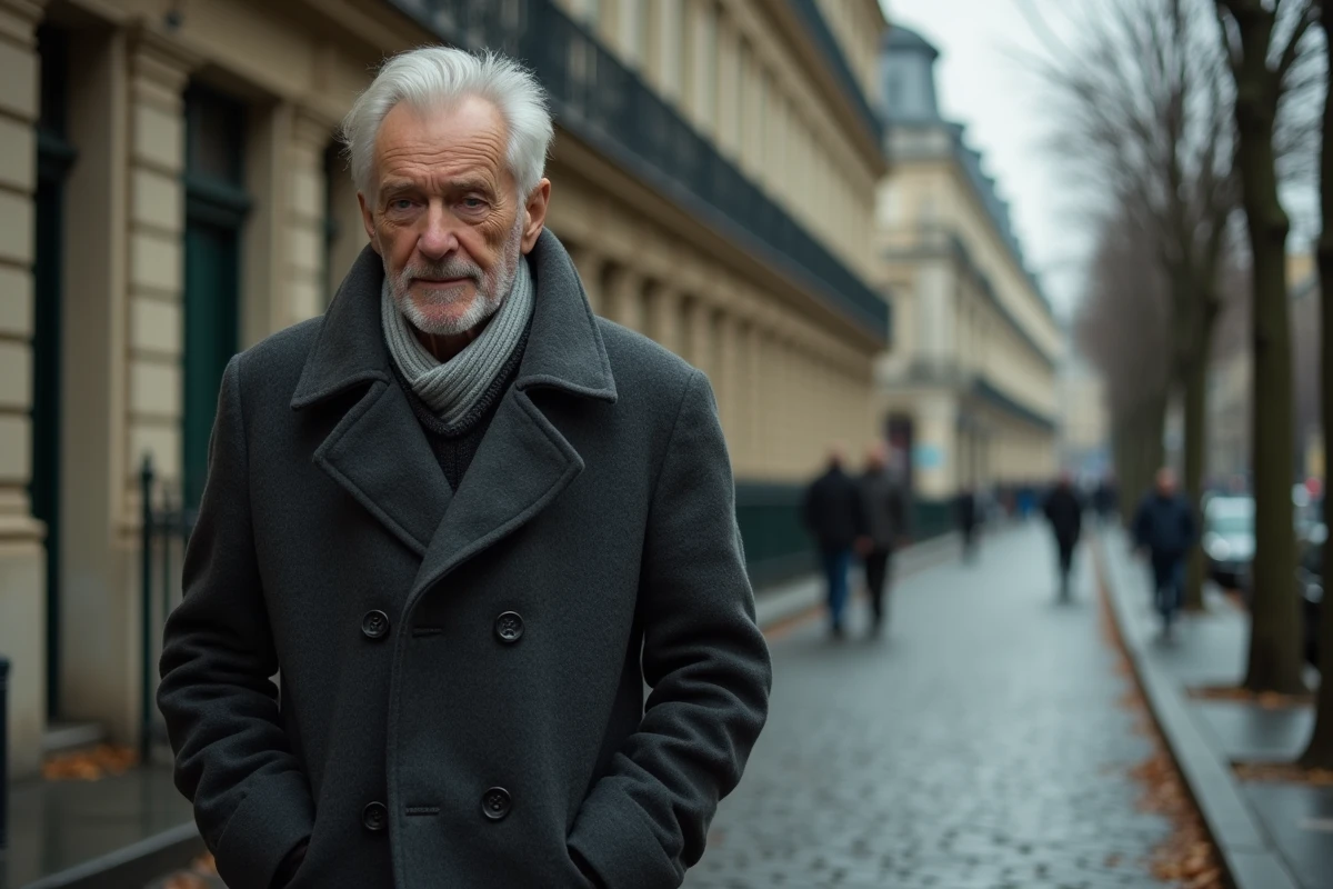 Homme âgé aux cheveux argentés marchant seul sur une rue pavée parisienne en automne, symbolisant la solitude et la santé déclinante d'une figure politique comme Alain Madelin