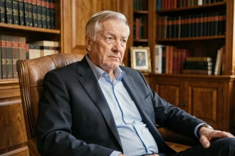 Portrait d'un homme politique français âgé assis dans un bureau parisien classique, air pensif et fatigué, ambiance institutionnelle