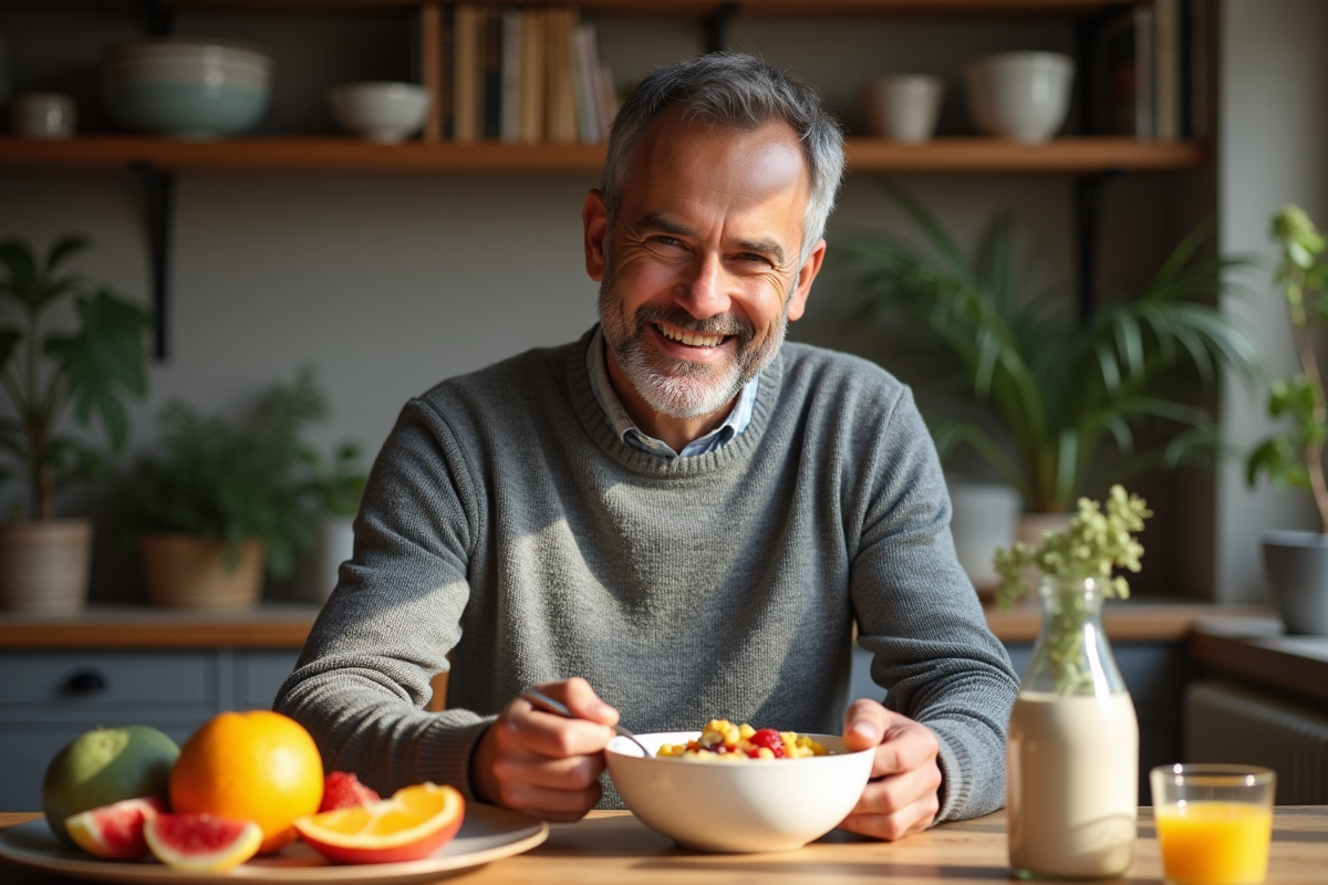 Homme préparant un bol de fruits et flocons d