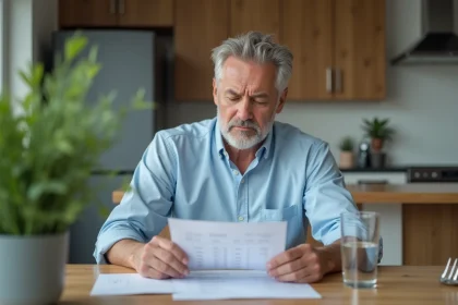 Homme d'&acirc;ge moyen examine ses r&eacute;sultats de foie &agrave; la maison