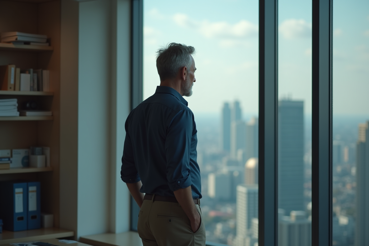 Homme regardant par la fenêtre dans un bureau
