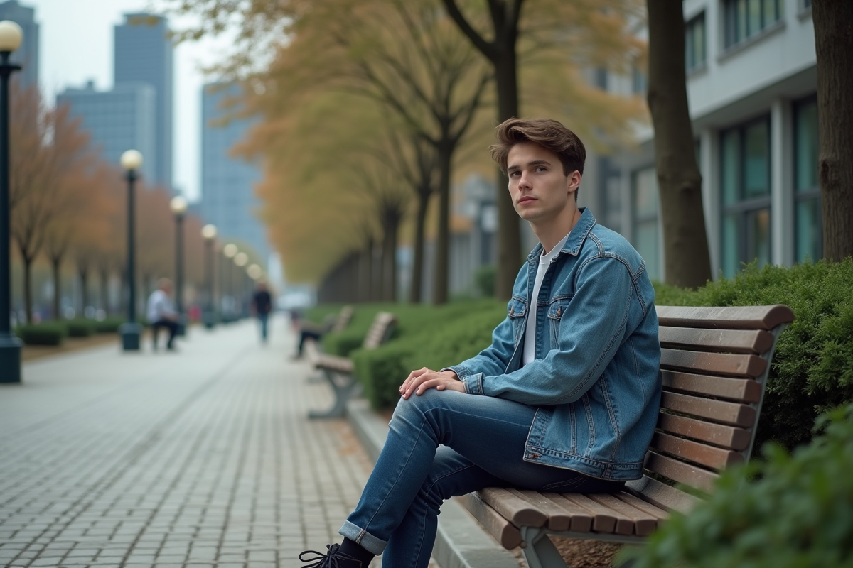 Jeune homme assis seul dans un parc urbain contemplatif