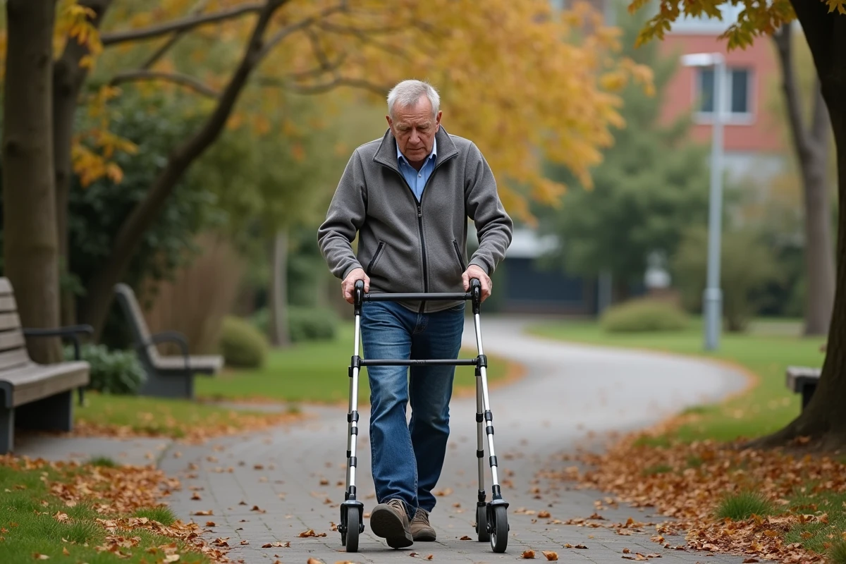 Homme en r&eacute;&eacute;ducation marchant avec un d&eacute;ambulateur dans un parc