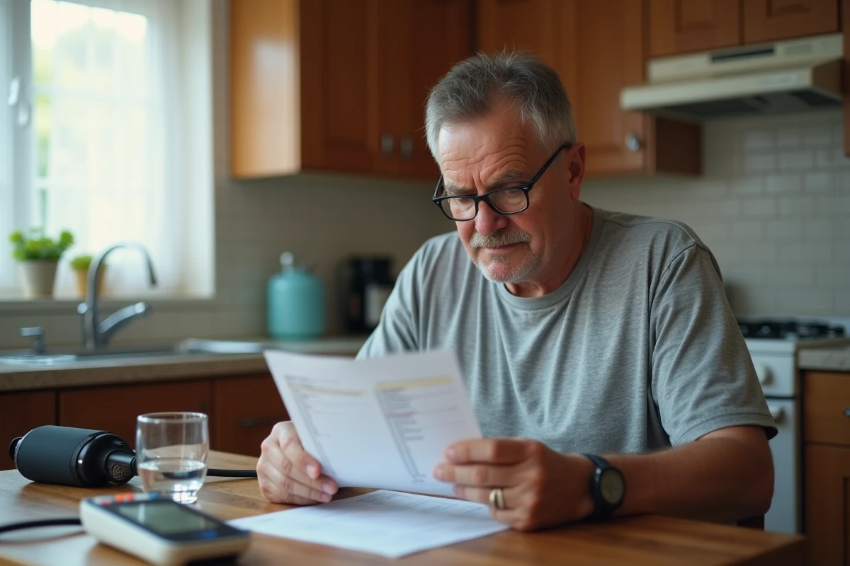 Homme d'âge mûr consultant ses résultats d'analyse urinaire pour microalbuminurie avec tensiomètre et glucomètre à domicile