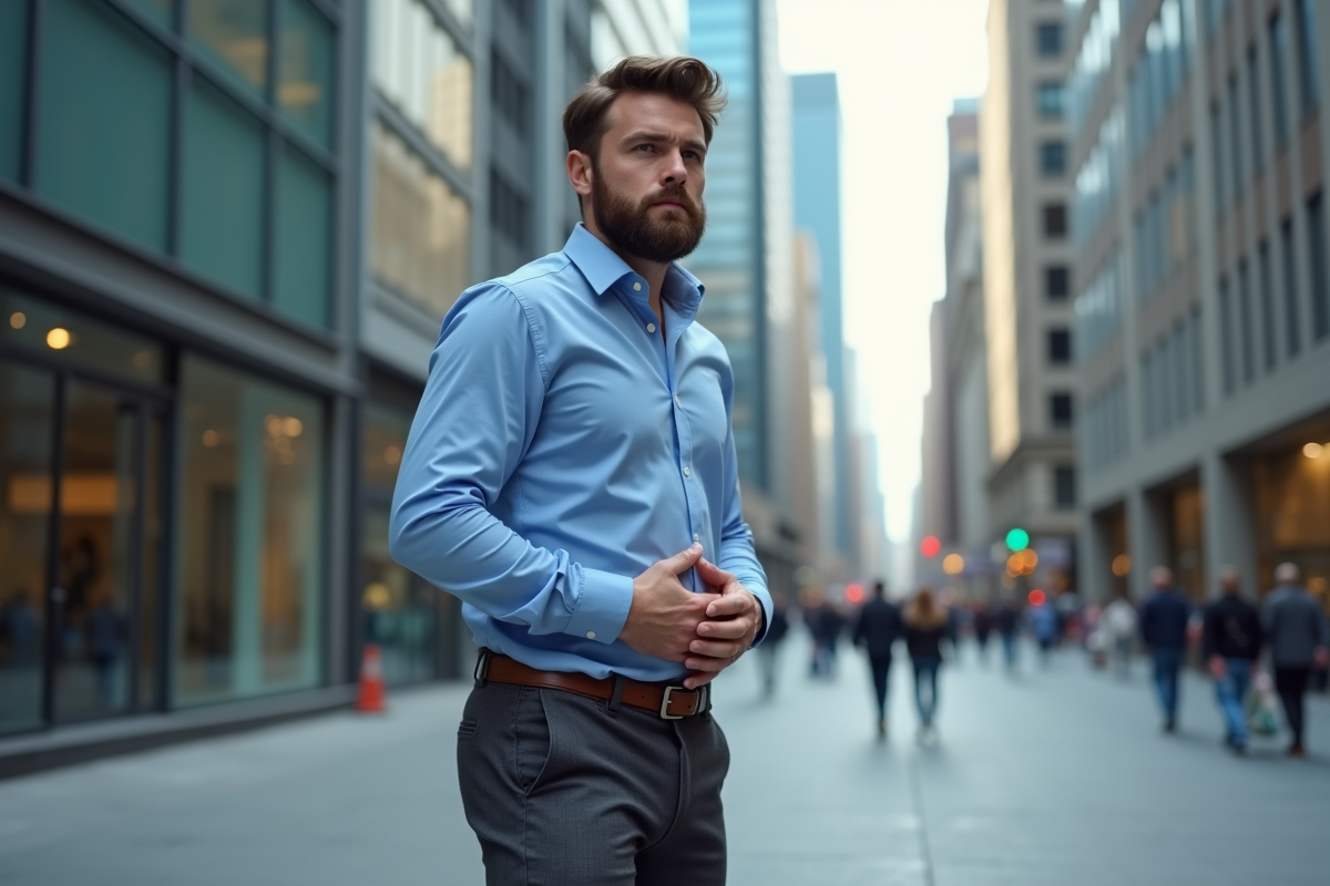 Homme barbu en ville avec main sur le ventre