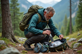 Homme en plein air vérifiant son sac de secours en forêt