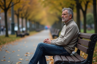 Homme d'âge moyen assis seul dans un parc automnal
