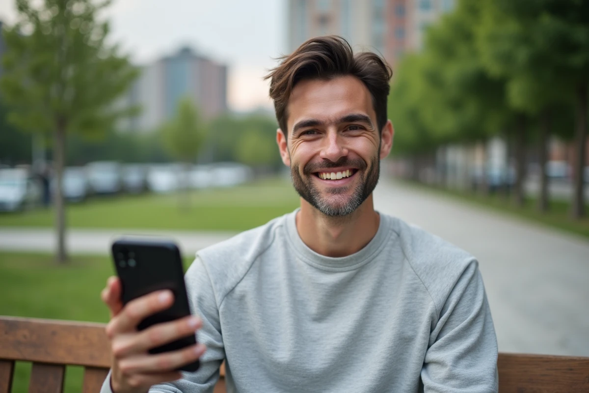 Homme souriant tenant un smartphone en plein air