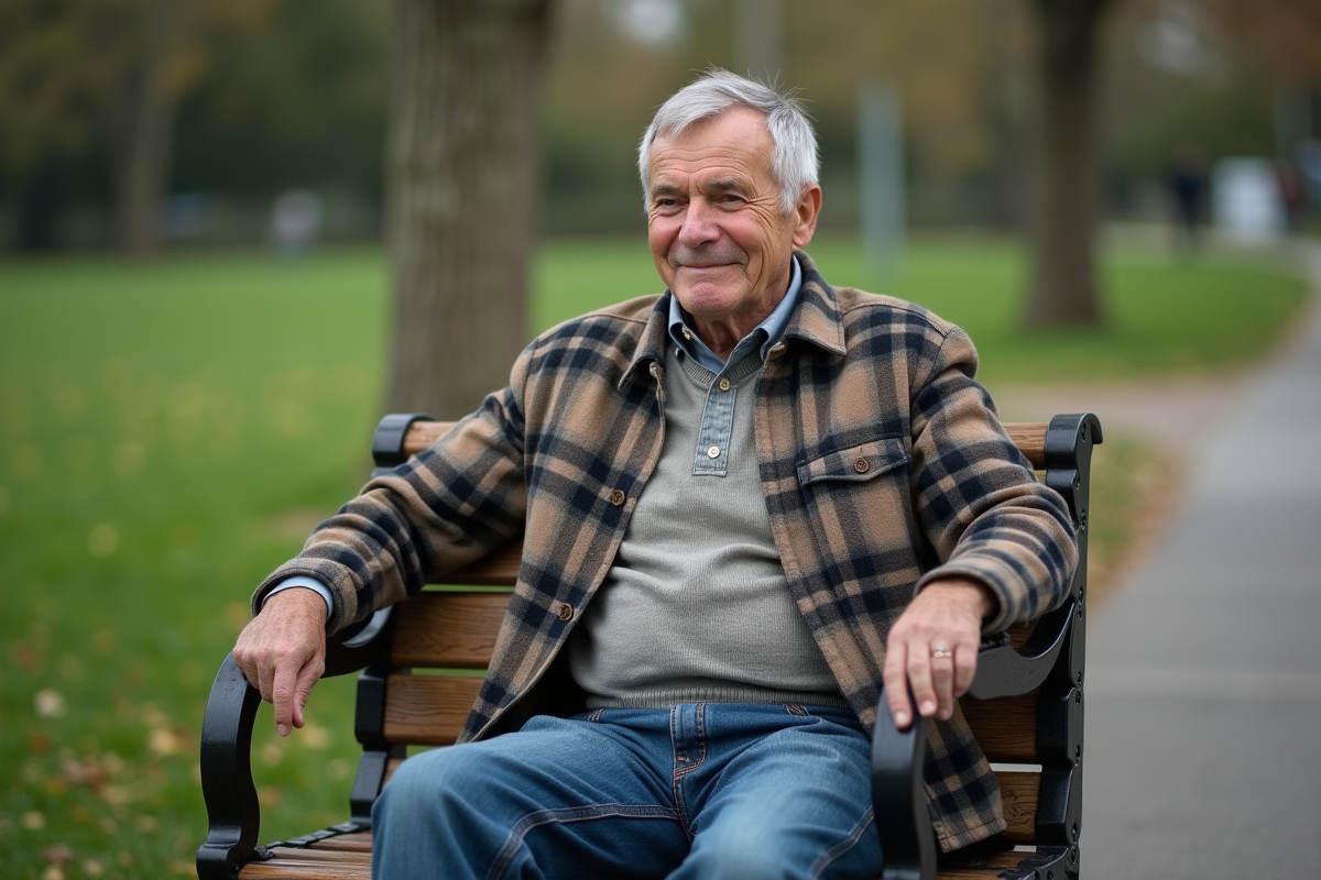 Homme âgé assis sur un banc dans un parc urbain